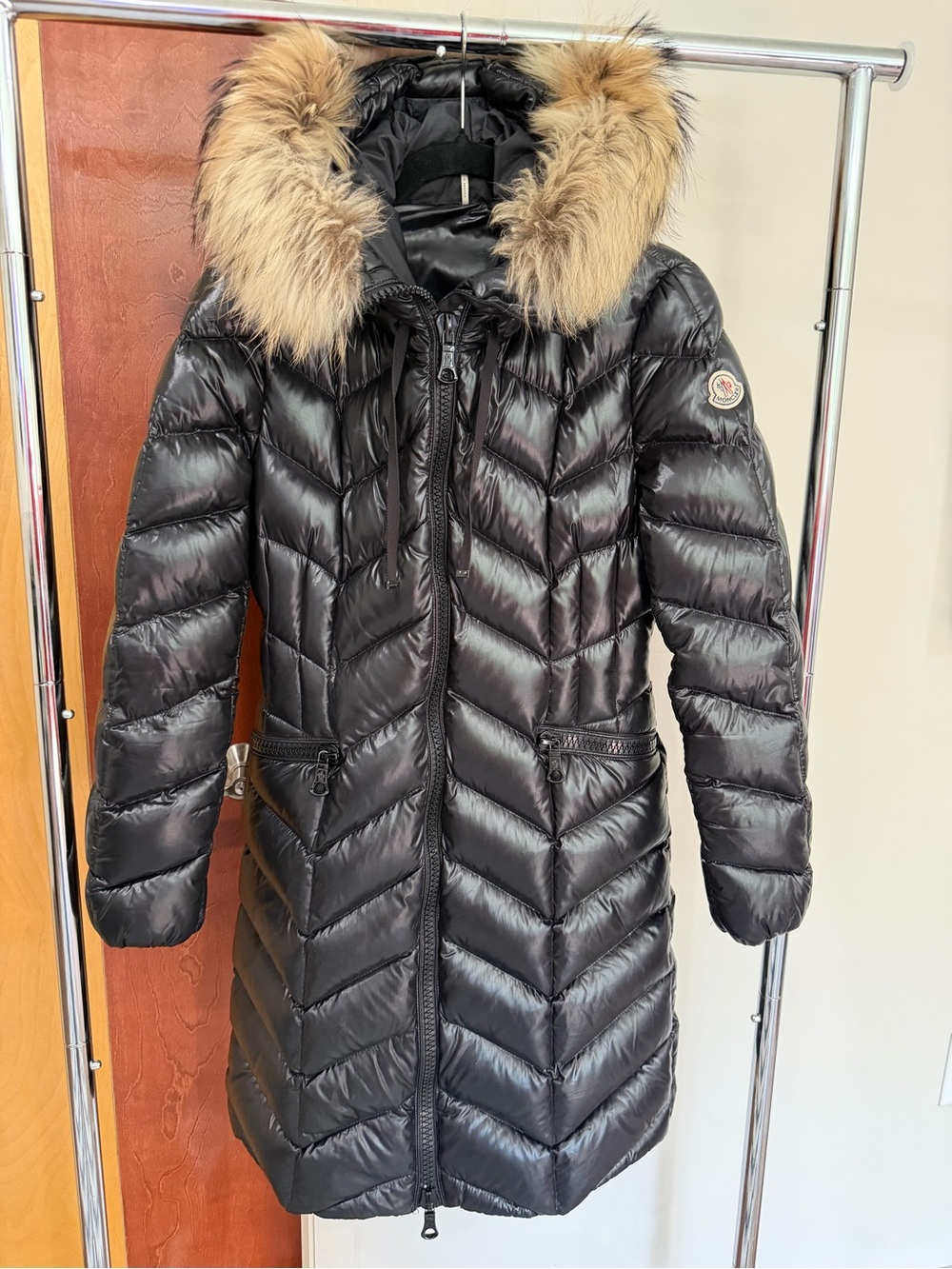 Moncler Black Quilted Chevron Puffer Down Tanuki Fox Fur Trimmed Coat